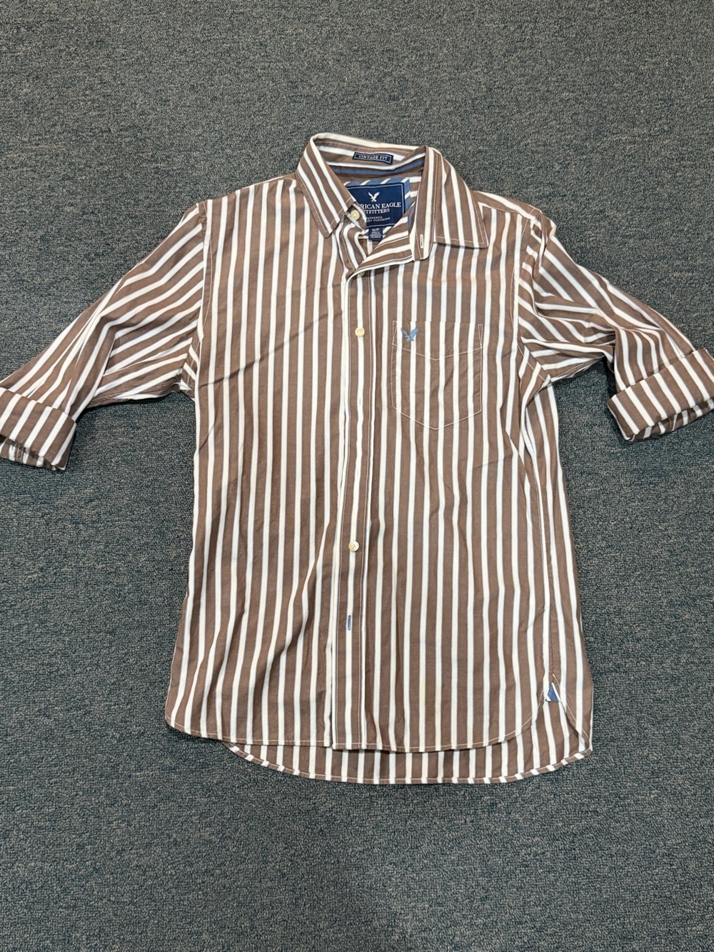 American Eagle Outfitters Brown and White Vertical Stripe Button-Down Shirt